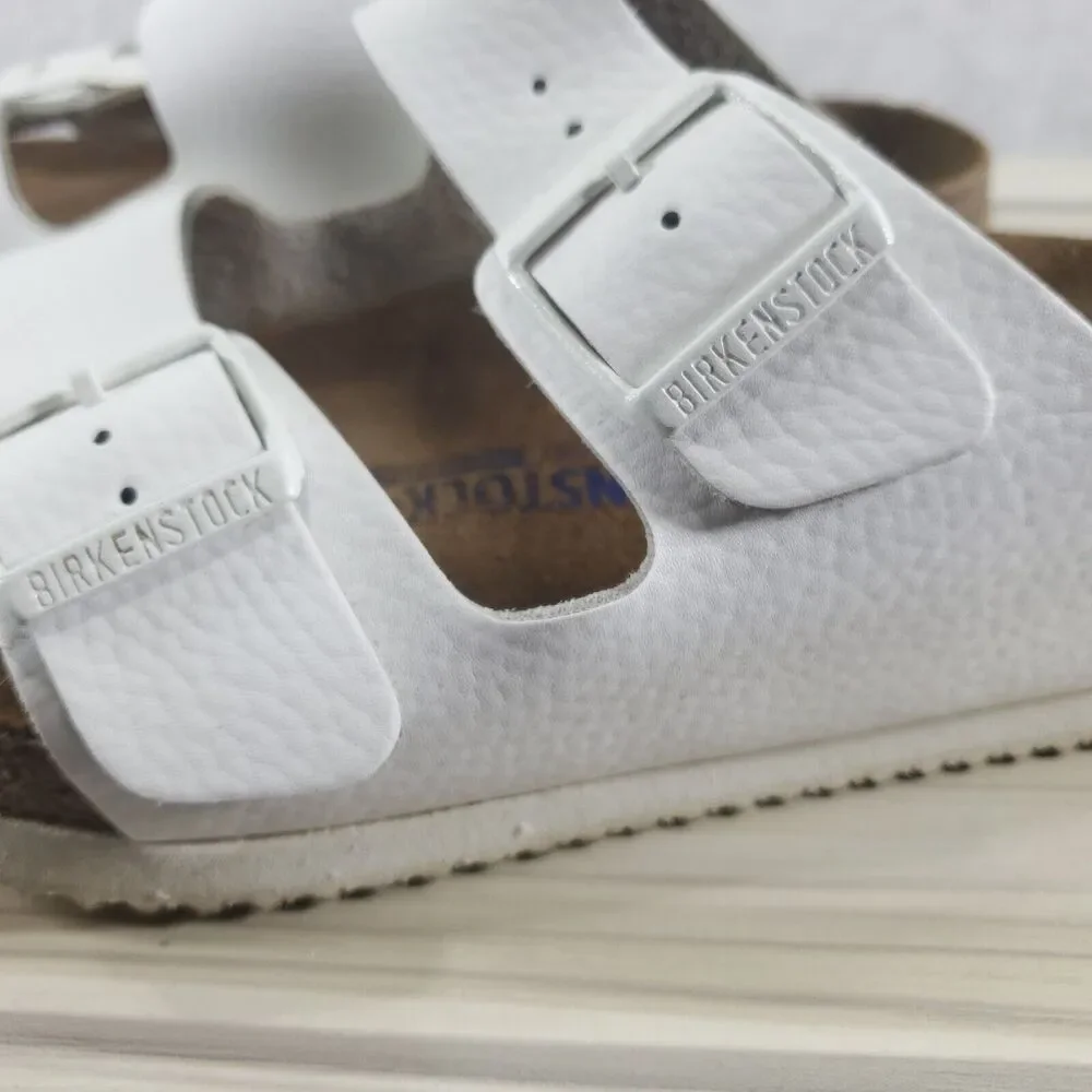 Sz 10 N Narrow Women's Birkenstock White Leather Arizona Sandals White Buckle